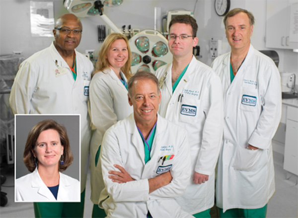 The surgeons of the EVMS Acute Care Surgery service are (L-R) LD Britt, MD MPH; Jessica R. Burgess, MD; Timothy J. Novosel, MD and Leonard J. Weireter, Jr., MD (seated) Jay N. Collins, MD (inset) Rebecca C. Britt, MD
